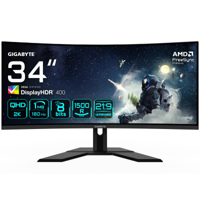 Gigabyte G34WQCP gaming monitor diagonala 34", 797.22 x 333.72 mm, Non-glare type, Rezolutie: 3440 x 1440, Luminozitate: 350 cd/m2, Contrast: 4000:1, Unghi vizualizare: 178°(H)/178°(V), Timp raspuns: 1ms GTG, Refresh rate: 180Hz, Flicker-free, Interf