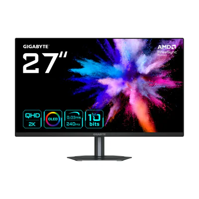 GIGABYTE GO27Q24 27” OLED 2K QHD Gaming Monitor - 2560 x 1440, 240Hz, 0.03ms, 400 cd/m², FreeSync Premium, HDMI 2.0, Displayport 1.4, 68.6 cm (27"), 2560 x 1440 pixels, Quad HD, QD-OLED, 0.03 ms, Black