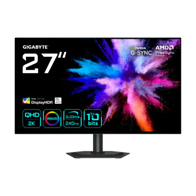 GIGABYTE GO27Q24G 27” OLED 2K QHD Gaming Monitor - 2560 x 1440, 240Hz, 0.03ms, 275 cd/m², FreeSync Premium, G-Sync Compatible, HDMI 2.1, Displayport 1.4, 68.6 cm (27"), 2560 x 1440 pixels, Quad HD, OLED, 0.03 ms, Black