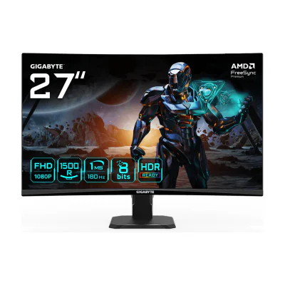 GIGABYTE GS27FC 27" FHD Curved Gaming Monitor - 1920 x 1080, 180Hz, 1, 250 cd/m², FreeSync Premium, HDR Ready, HDMI 2.0, Displayport 1.4, 68.6 cm (27"), 1920 x 1080 pixels, Full HD, LED, 1 ms, Black