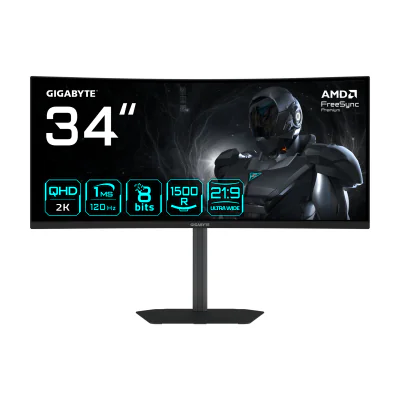GIGABYTE GS34WQCA 34" WQHD Curved Gaming Monitor - 3440 x 1440, 1500R, 120Hz, 1ms, 300 cd/m², FreeSync Premium, HDR Ready, HDMI 2.0, Displayport 1.4, 86.4 cm (34"), 3440 x 1440 pixels, Wide Quad HD, LCD, 1 ms, Black
