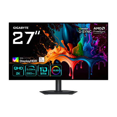 GIGABYTE MO27Q28G 27" OLED QHD Gaming Monitor - 2560 x 1440, 280Hz, 0.03ms, 335 cd/m², Display HDR True Black 500, HDMI 2.1, Displayport 1.4, 68.6 cm (27"), 2560 x 1440 pixels, Quad HD, OLED, 0.03 ms, Black