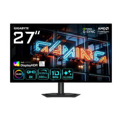 GIGABYTE MO27Q28GR 27” Glossy WOLED QHD Gaming Monitor - 2560 x 1440, 280Hz, 0.03ms, 335 cd/m², Display HDR True Black 500, HDMI 2.1, Displayport 1.4, 68.6 cm (27"), 2560 x 1440 pixels, Quad HD, OLED, 0.03 ms, Black