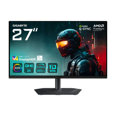 GIGABYTE MO27Q2A 27” OLED 2K QHD Gaming Monitor - 2560 x 1440, 280Hz, 0.03ms, 250 cd/m², FreeSync Premium Pro, DisplayHDR True Black 400, HDMI 2.1, Displayport 1.4, 68.6 cm (27"), 2560 x 1440 pixels, Quad HD, QD-OLED, 0.03 ms, Black