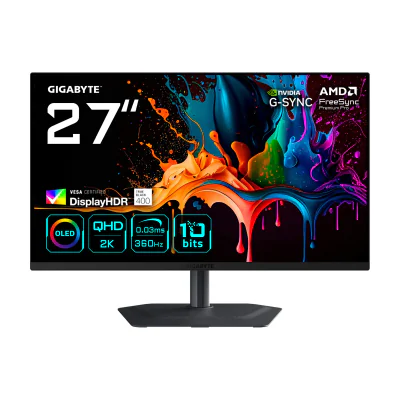 GIGABYTE MO27Q3 27” OLED QHD Gaming Monitor - 2560 x 1440, 360Hz, 0.03ms, 250 cd/m², G-Sync Compatible, FreeSync Premium Pro, Display HDR True Black 400, HDMI 2.1, Displayport 1.4, 68.6 cm (27"), 2560 x 1440 pixels, Quad HD, QD-OLED, 0.03 ms, Black