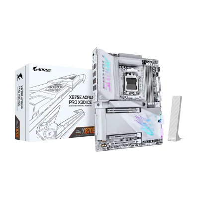 GIGABYTE X870E AORUS PRO X3D ICE Motherboard - Supports AMD Ryzen 9000 CPUs, 18+2+2 Phases Digital VRM, up to 9000Hz DDR5 (OC), 2xPCIe 5.0 + 2xPCIe 4.0, Wi-Fi 7, 5GbE LAN, USB 4, AMD, Socket AM5, AMD Ryzen 7000 Series, AMD Ryzen 8000 Series, AMD Ryzen 9000 Series, Socket AM5, DDR5-SDRAM, 256 GB