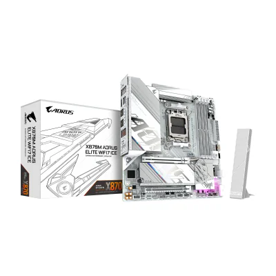 GIGABYTE X870M AORUS ELITE WIFI7 ICE Motherboard - Supports AMD Ryzen 9000 CPUs, 14+2+2 Phases Digital VRM, up to 8200Hz DDR5 (O.C), 1xPCIe 5.0 + 1xPCIe 4.0, Wi-Fi 7, 2.5 GbE LAN, USB 4, AMD, Socket AM5, AMD Ryzen 7000 Series, AMD Ryzen 8000 Series, AMD Ryzen 9000 Series, Socket AM5, DDR5-SDRAM, 256 GB
