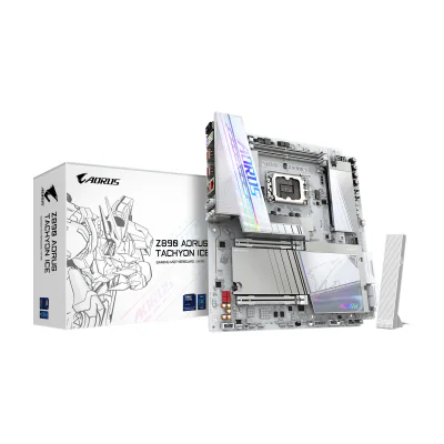 GIGABYTE Z890 AORUS TACHYON ICE Motherboard - Supports Intel Core Ultra (Series 2) CPUs, 18+1+2 phases VRM, up to 9500MHz DDR5 (O.C), 1xPCIe 5.0 + 3xPCIe 4.0, Wi-Fi 7, 5GbE LAN, USB 3.2 Gen 2x2, Intel, LGA 1851 (Socket V1), Intel Core Ultra (Series 2), LGA 1851, DDR5-SDRAM, 128 GB