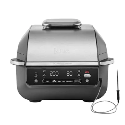 Gratar electric si airfryer Ninja Foodi AirGrill EG351EU, 1760 W, functie friteuza aer cald, 5 functii, 40°- 265°C, display digital, invelis ceramic, termometru digital (Negru/Argintiu) "EG351EU"