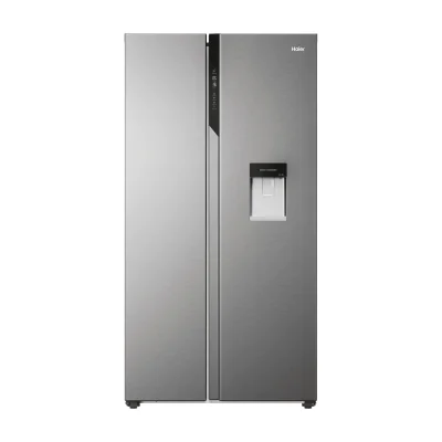 Haier SBS 90 Serie 5 HSR5918DWMP, Freestanding, American door, Platinum, Stainless steel, 2 door(s), Touch, Glass