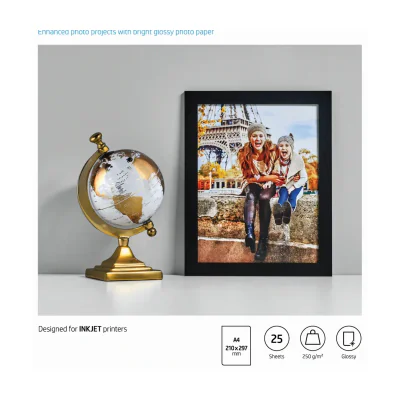 HP Advanced Photo Paper, Glossy, 250 g/m2, A4 (210 x 297 mm), 25 sheets, Gloss, A4, 25 sheets, Works with inkjet printers, optimized for Original HP Ink, Business, 15 - 30 °C