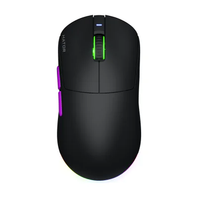 HATOR Quasar 3 ULTRA 8K Wireless, black-violet - Optical Yellow 100M Switches PixArt PAW3950, Ambidextrous, Optical, RF Wireless + Bluetooth + USB Type-A, 30000 DPI, Black, Violet