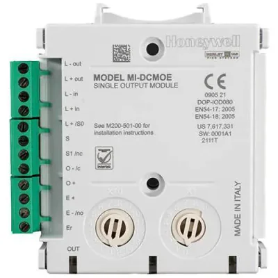 Honeywell MI/DCMOE Modul 1 iesire, cu izolator MORLEY-IAS Optiune de montare pe sina DIN Optiune de montare aparenta Indicator de stare LED tricolor Izolator incorporate Comutatoare vizibile pentru selectarea adresei Stare LED vizibila in 2 planuri S