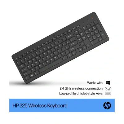 HP 225 Wireless Keyboard, Full-size (100%), Wireless, RF Wireless, Plunger key switch, Black