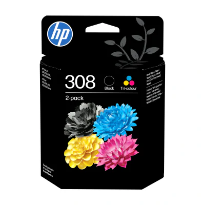 HP 308 2-Pack Black/Tri-color Original Ink Cartridge Combo, Standard Yield, Black, Cyan, Magenta, Yellow, Dye-based ink, Pigment-based ink, 2 pc(s), 160 pages
