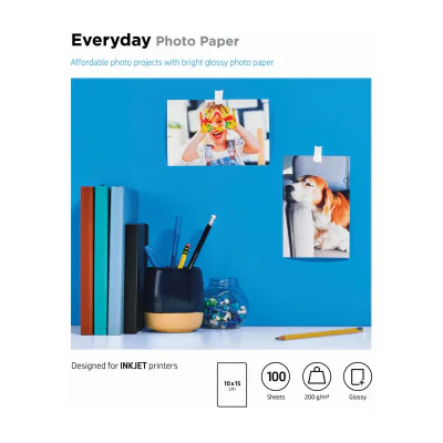 HP Everyday Photo Paper Glossy 200 g/m2 10 x 15 cm (101 x 152 mm) 100 sheets, 10x15 cm, 100 sheets, Works with inkjet printers, optimized for Original HP Ink, 15 - 30 °C, 5 - 30 °C, 20 - 80%