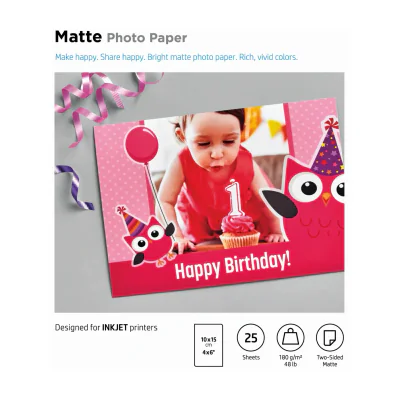 HP Matte Photo Paper 180 g/m2 10 x 15 cm (101 x 152 mm) 25 sheets, Matt, 180 g/m², 10x15 cm, White, 25 sheets, Works with inkjet printers, optimized for Original HP Ink