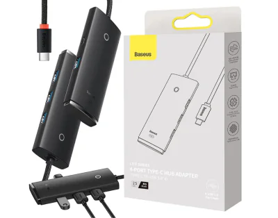 HUB extern Baseus Lite, porturi USB: USB 3.0 x 4, conectare prin USB Type-C, lungime 0.25m, negru, "WKQX030301" - 6932172606244
