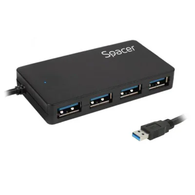 Hub extern Spacer, porturi USB: USB 3.0 x 4, conectare prin USB 3.0, lungime cablu 15cm, negru