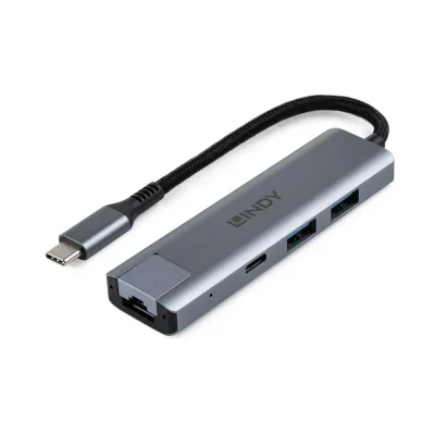 Hub Lindy USB3.2 Gigabit Ethernet, interfata USB C la RJ45 & 2x USB A & 1x USB C, interfata standard USB 3.2 / 3.1 Gen 2, Gigabit LAN, chipset RTL8153 (LAN), GL3590 (Hub), lungime cablu  150mm, gri