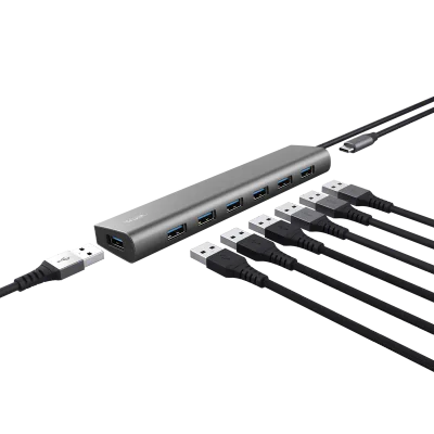 Hub Trust Halyx , 7 porturi USB 3.2 Gen 1, material aluminiu, input USB- C, output USB-A 7, gri