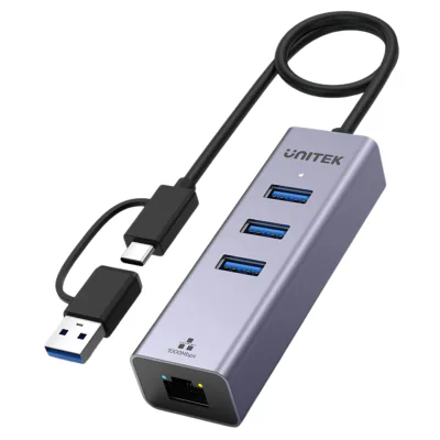 Hub USB 3.0 UNITEK Y-3088B, intrare USB-A/USB-C, 3 x USB-A + RJ-45