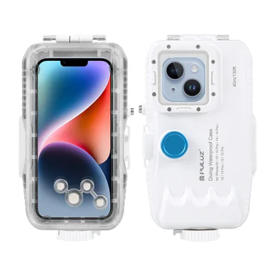 Husă impermeabilă Puluz pentru iPhone (40 m) cu supapă unidirecțională (alb)