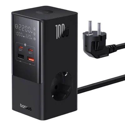 Incarator retea Baseus GaN Powerstrip, Quick Charge 100W, 2 x AC, 2 x USB Type-C Output 5V/3A, 2 x USB, lungime cablu 1.5m, negru