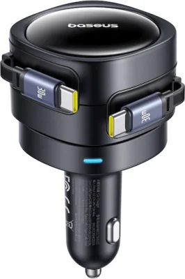 INCARCATOR auto Baseus Enjoyment Max, Quick Charge 60W, cablu retractabil integrat 2 x USB Type-C, negru "C00035507121-01" - 6932172682576