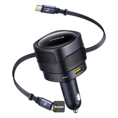 INCARCATOR auto Baseus Enjoyment Max, Quick Charge 90W, 1 x USB, cablu retractabil integrat 2 x USB Type-C, pt. bricheta auto, negru "C00035507121-03" - 6932172682606