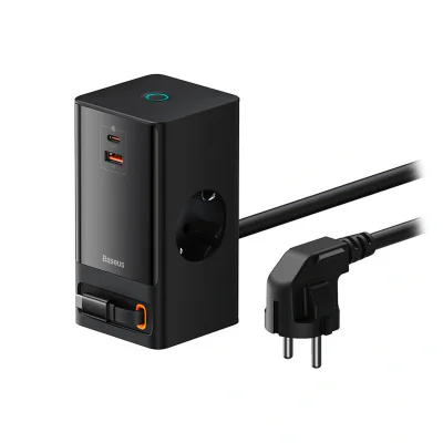 Incarcator retea Baseus GaN3 Pro Powerstrip, Quick Charge 65W, 2 x AC, 1 x USB Type-C Output 5V/3A, 1 x USB, lungime cablu 1.5m, negru