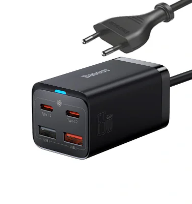 INCARCATOR retea Baseus GaN3 Pro, Quick Charge 65W, 2 x USB, 2 x USB Type-C, include cablu USB Type-C la USB Type-C 100W 1m, negru "CCGP040101" - 6932172600334