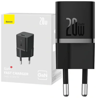 Incarcator retea Baseus, GaN5 Fast Charger mini 20W, 1 x USB Type-C 5V/3A, negru