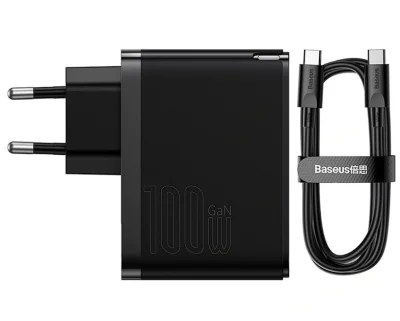 INCARCATOR retea Baseus GaN5 Pro, Quick Charge 100W, 1 x USB, 1 x USB Type-C, include cablu USB Type-C la USB Type-C 100W 1m, negru "CCGP090201" - 6932172608958