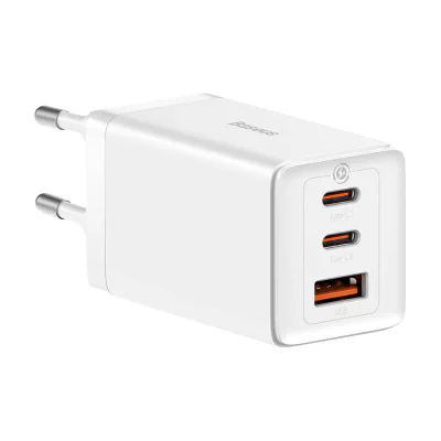 Incarcator retea Baseus GaN5 PRO, Quick Charge 65W, 2 porturi USB PD, 1 port USB Quick Charge, include cablu USB -C la USB-C de 100W, lungime 1m, alb