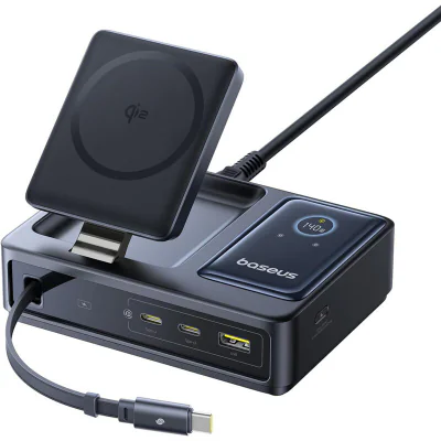 INCARCATOR retea Baseus NOMOS 5-in-1 Desktop Charger, Quick Charge 140W, incarcare wireless 15W max. Qi2, 3 x USB Type-C, 1 x USB, negru "P10170902123-00" - 6932172673406