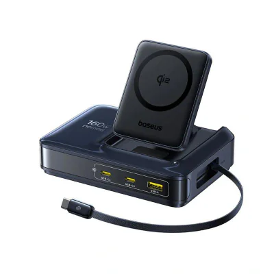 INCARCATOR retea Baseus Nomos NH21 5-in-1, 160W, Qi2 Wireless, 1 x USB, 3 x USB Type-C, cablu retractabil USB Type-C, negru "E0121700" (include TV 0.18lei) - 6953156211834