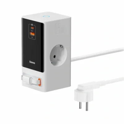 Incarcator retea Baseus PowerCombo Powerstrip, QC 65W, 2xAC, 1 x cablu integrat retractabil USB Type-C Output 5V/3A, 1xUSB, 1.5m, alb