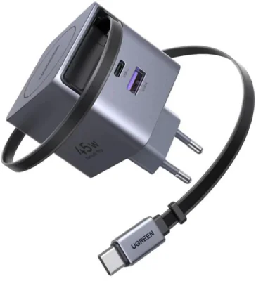 INCARCATOR retea Ugreen GaN "X614" Quick Charge 45W, 2 x USB Type-C, cablu retractabil USB type-C, gri "65822" - 6941876268221