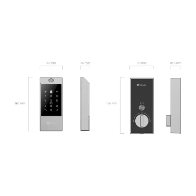 INCUIETOARE INTELIGENTA EZVIZ DL04 PRO, Comunicare: EZVIZ Connect 2.4G Wi-Fi, Putere de lucru: 4 Baterii AA Alkaline, Temp de functionare: 25 °C to 55 °C, Dimensiuni: Panou frontal: 160 × 67 × 25 mm, Panoul din spate: 166 × 70 × 28,5 mm.