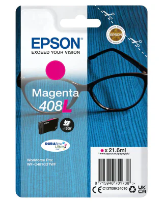 Cartus cerneala Epson 408L Ink Tank, DURABrite Ultra ink, Magenta, capacitate 21.6ml, 1.7k pagini, pentru WorkForce Pro WF-C4810DTWF.