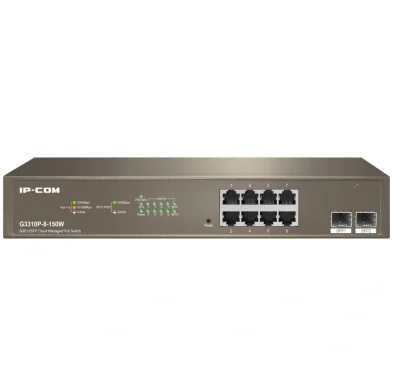 IP-COM 8-Port Gigabit Ethernet managed switch, G3310P-8-150W; Network standard: IEEE 802.3, IEEE 802.3u, IEEE 802.3ab, IEEE 802.3x, IEEE 802.3z, IEEE 802.1p, IEEE 802.1q, IEEE 802.1w, IEEE 802.1d, IEEE 802.3af, IEEE 802.3at, Interfata: 8 x 10/100/100