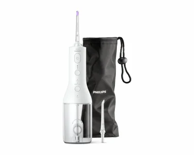 Irigator bucal PHILIPS Sonicare Cordless Power Flosser 3000 HX3826/31, Tehnologie QuadStream, Portabil, 2 moduri de curatare, 3 niveluri de intensitate , 2 x capete de curatare si 1 x husa trasport, Alb, L x A x I (mm) 92x134x247