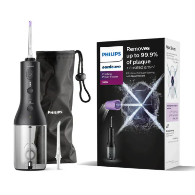 Irigator bucal PHILIPS Sonicare Cordless Power Flosser 3000 HX3826/33, Tehnologie QuadStream, Portabil, 2 moduri de curatare, 3 niveluri de intensitate, 2 x capete de curatare si 1 x husa transport, Negru, L x A x I (mm) 92x134x247