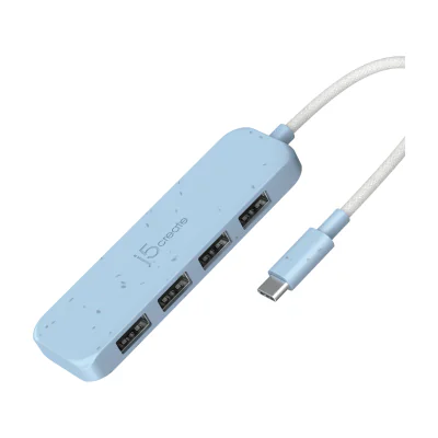j5create Eco-Friendly USB-C to 4-Port Type-A Gen 2 Hub, USB 3.2 Gen 1 (3.1 Gen 1) Type-C, USB 3.2 Gen 2 (3.1 Gen 2) Type-A, 10000 Mbit/s, Cyan, Acrylonitrile butadiene styrene (ABS), Recycled plastic, Taiwan