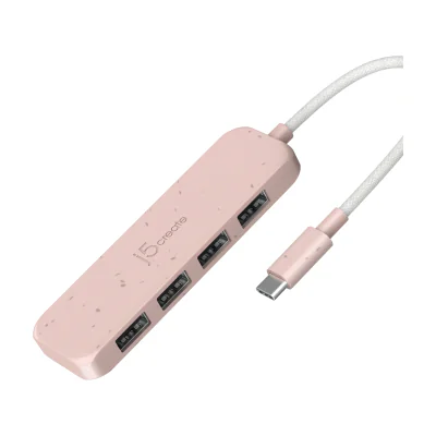 j5create Eco-Friendly USB-C to 4-Port Type-A Gen 2 Hub, USB 3.2 Gen 1 (3.1 Gen 1) Type-C, USB 3.2 Gen 2 (3.1 Gen 2) Type-A, 10000 Mbit/s, Rose, Acrylonitrile butadiene styrene (ABS), Recycled plastic, Taiwan