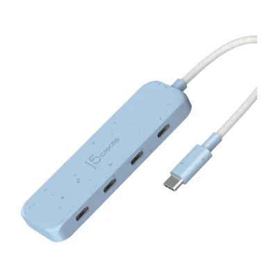 j5create Eco-Friendly USB-C to 4-Port Type-C Gen 2 Hub, USB 3.2 Gen 1 (3.1 Gen 1) Type-C, USB 3.2 Gen 2 (3.1 Gen 2) Type-C, 10000 Mbit/s, Cyan, Acrylonitrile butadiene styrene (ABS), Recycled plastic, Taiwan