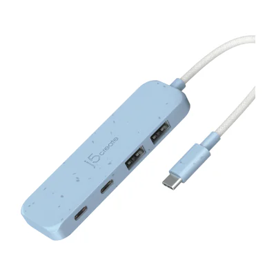 j5create Eco-Friendly USB-C to 4-Port Type-C & Type-A Gen 2 Hub, USB 3.2 Gen 1 (3.1 Gen 1) Type-C, USB 3.2 Gen 2 (3.1 Gen 2) Type-A, USB 3.2 Gen 2 (3.1 Gen 2) Type-C, 10000 Mbit/s, Cyan, Acrylonitrile butadiene styrene (ABS), Recycled plastic, Taiwan