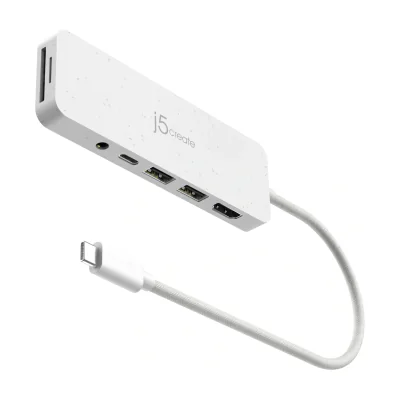 j5create JCD373EW - USB-C® Multi-Port Hub with Power Delivery, USB Type-C, 3.5mm, HDMI, USB 3.2 Gen 1 (3.1 Gen 1) Type-A, USB Type-C, MicroSD (TransFlash), SD, 5000 Mbit/s, White, 100 W