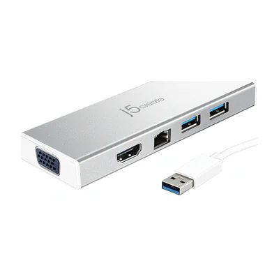 j5create JUD380 USB™ 3.0 Mini Dock, includes 1x HDMI port and 3x USB ports, Silver, Wired, USB 3.2 Gen 1 (3.1 Gen 1) Type-A, 10,100,1000 Mbit/s, 10BASE-T, 100BASE-T, 1000BASE-T, Silver, Silver